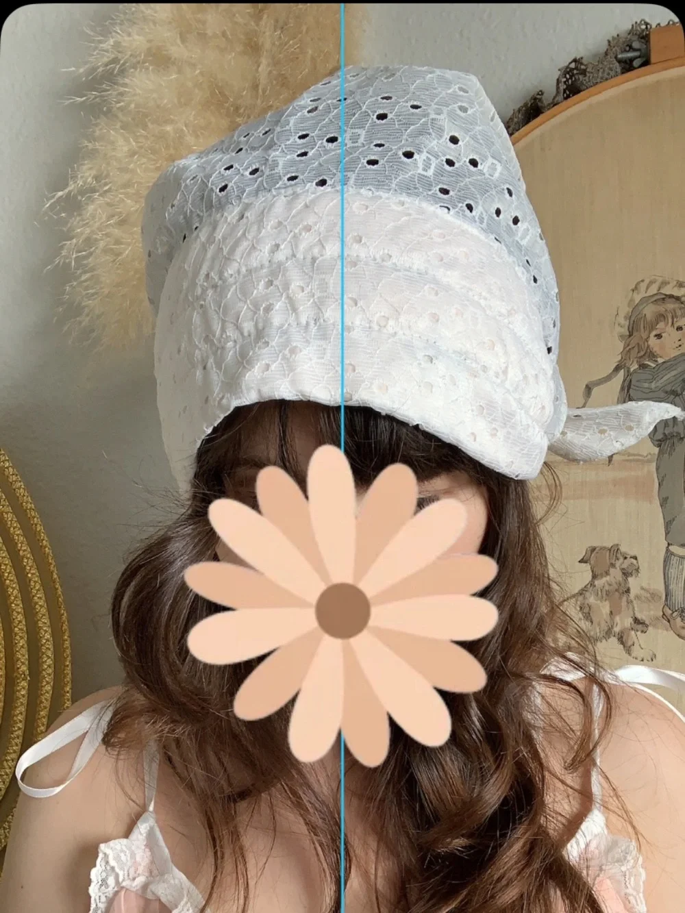 Vintage 70s white floral lace quilted headkerchief headscarf